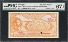 ETHIOPIA. Lot of (2). State Bank of Ethiopia. 5 Dollars, ND (1945). P-13pe & 13s1. Printers Essay & Specimen. PMG About Uncirculated 50 EPQ & Superb G...