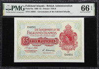 FALKLAND ISLANDS. Government of the Falkland Islands. 5 Pounds, 1960. P-9a. PMG Gem Uncirculated 66 EPQ.
Highest denomination of the Queen Elizabeth ...