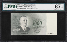 FINLAND. Finlands Bank. 1000 Markkaa, 1955. P-93a. PMG Superb Gem Uncirculated 67 EPQ.
Leinonen-Engberg signature combination. Juho Kusti Paasikivi o...