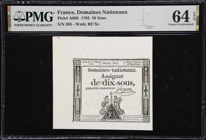 FRANCE. Lot of (2). Domaines Nationaux. 10 Sous & 50 Sols, 1793. P-A68b & A70b. ...