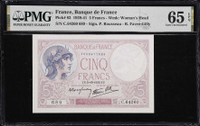 FRANCE. Lot of (2). Banque de France. 5 & 1000 Francs, 1939-44. P-83 & 96c. PMG Gem Uncirculated 65 EPQ & Gem Uncirculated 66 EPQ.

Estimate: $200.0...