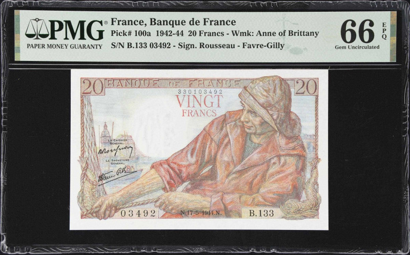 FRANCE. Lot of (2). Banque de France. 20 Francs, 1944. P-100a. Consecutive. PMG ...