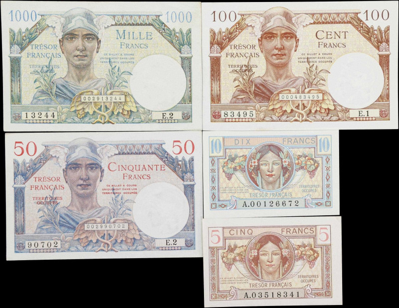 FRANCE. Lot of (5). Tresor Francais. 5 to 1000 Francs, ND (1947). P-M6-M10. Very...