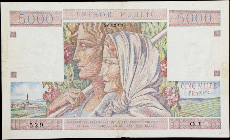 FRANCE. Tresor Public. 5000 Francs, ND (1955). P-M13a. Very Fine.
High denomina...