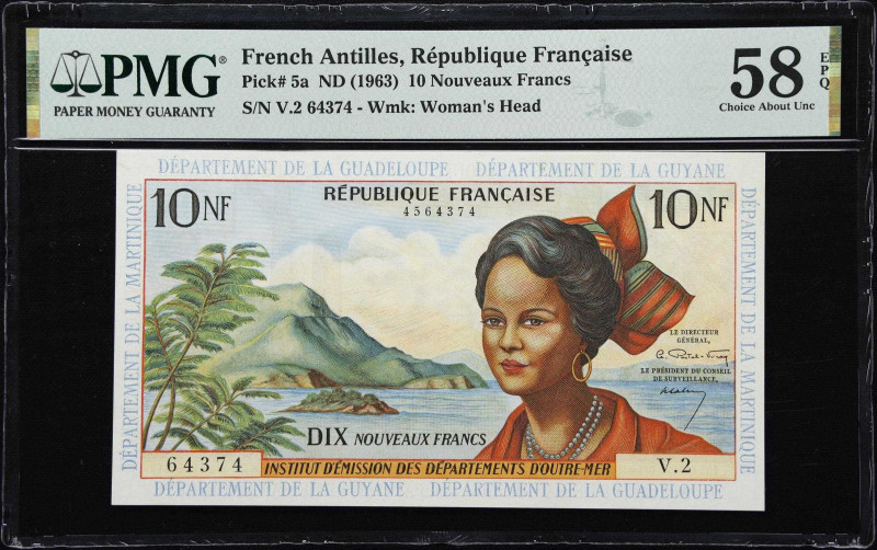 FRENCH ANTILLES. Republique Francaise. 10 Nouveaux Francs, ND (1963). P-5a. PMG ...