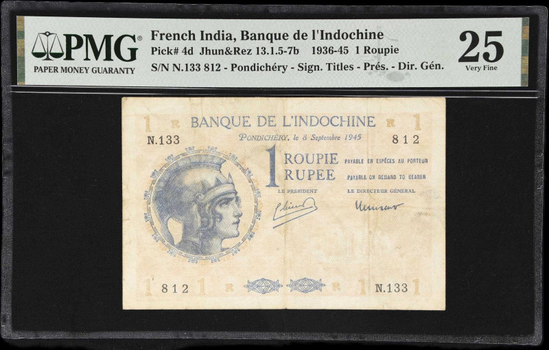 FRENCH INDIA. Banque de I'Indochine. 1 Roupie, 1945. P-4d. Jhun&Rez 13.1.7b. PMG...