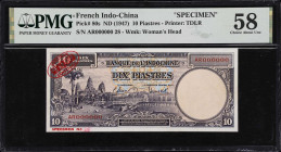 FRENCH INDO-CHINA. Banque de l'Indochine. 10 Piastres, ND (1947). P-80s. Specimen. PMG Choice About Uncirculated 58.

Estimate: $200.00- $400.00