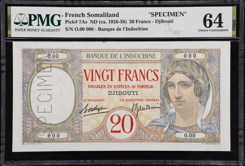 FRENCH SOMALILAND. Banque de l'Indochine. 20 Francs, ND (ca. 1926-38). P-7As. Sp...