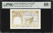 FRENCH SOMALILAND. Tresor Public - Cote Francaise des Somalis. 50 Francs, ND (1952). P-25. PMG Superb Gem Uncirculated 68 EPQ.
High grade 50 francs b...