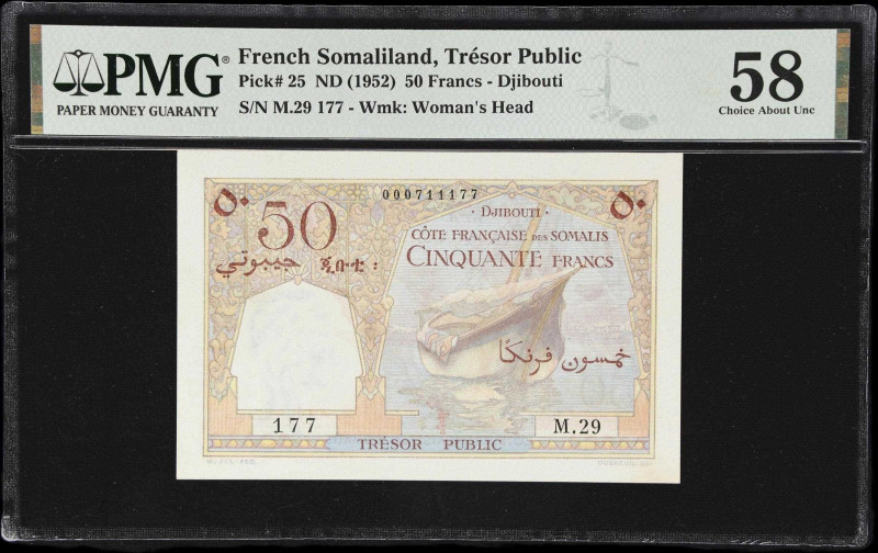 FRENCH SOMALILAND. Tresor Public. 50 Francs, ND (1952). P-25. PMG Choice About U...