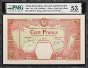 FRENCH WEST AFRICA. Banque de l'Afrique Occidentale. 100 Francs, 1926. P-11Bb. PMG About Uncirculated 53.
Dakar issue. Bright red obverse with light ...