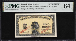 FRENCH WEST AFRICA. Lot of (2). Banque de l'Afrique Occidentale. 5 Francs, 1942. P-28a & 28s2. PMG Choice About Uncirculated 58 & Choice Uncirculated ...