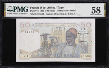 FRENCH WEST AFRICA. Institut d'Emission de l'Afrique Occidentale Francaise et du Togo. 50 Francs, 1955. P-44. PMG Choice About Uncirculated 58.
PMG C...