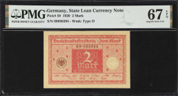 GERMANY. Lot of (4). Reichsbank & Reichsschuldenverwaltung. 2 & 10 Mark, 1920. P-59 & 67a. PMG Gem Uncirculated 66 EPQ & Superb Gem Uncirculated 67 EP...
