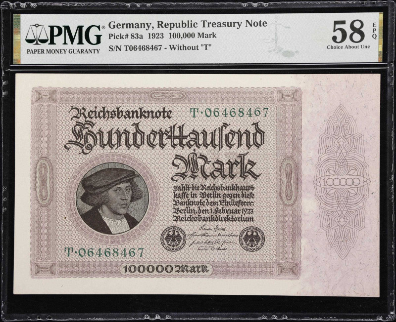 GERMANY. Lot of (2). Reichsbank. 100,000 Mark, 1923. P-83a. PMG Choice About Unc...