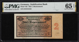 GERMANY. Deutsche Rentenbank. 2 Rentenmark, 1923. P-162. PMG Gem Uncirculated 65 EPQ.
This note is tied with 1 other in GU 65 EPQ and only 1 example ...