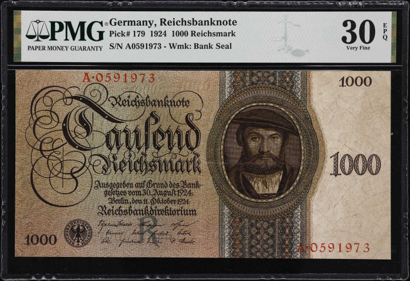 GERMANY. Reichsbank. 1000 Reichsmark, 1924. P-179. PMG Very Fine 30 EPQ.

Esti...