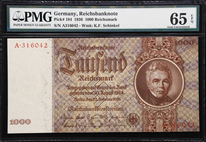 GERMANY. Reichsbank. 1000 Reichsmark, 1936. P-184. PMG Gem Uncirculated 65 EPQ....