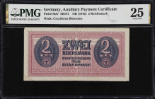 GERMANY. Deutsche Wehrmacht. 2 Reichsmark, ND (1942). P-M37. SB147. PMG Very Fine 25.
PMG Comments "Splits."

Estimate: $50.00- $100.00