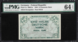GERMANY, FEDERAL REPUBLIC. U.S. Army Command. 1/2 Deutsche Mark, 1948. P-1a. SB651a. PMG Choice Uncirculated 64 EPQ.

Estimate: $100.00- $200.00