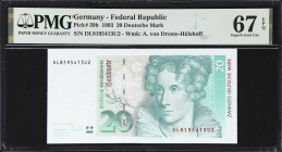 GERMANY, FEDERAL REPUBLIC. Lot of (2). Deutsche Bundesbank. 20 Deutsche Mark, 1993. P-39b. Consecutive. PMG Superb Gem Uncirculated 67 EPQ.
Serial nu...