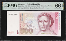GERMANY, FEDERAL REPUBLIC. Deutsche Bundesbank. 500 Deutsche Mark, 1991. P-43a. PMG Gem Uncirculated 66 EPQ.
The earliest date of this design seen he...