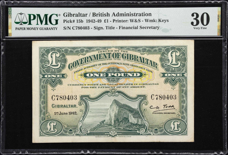 GIBRALTAR. Government of Gibraltar. 1 Pound, 1942. P-15b. PMG Very Fine 30.

E...