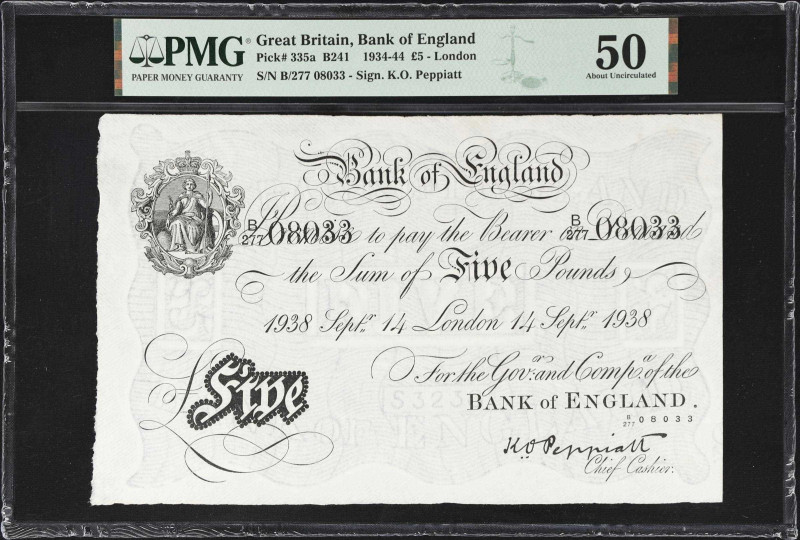 GREAT BRITAIN. Bank of England. 5 Pounds, 1938. P-335a. PMG About Uncirculated 5...