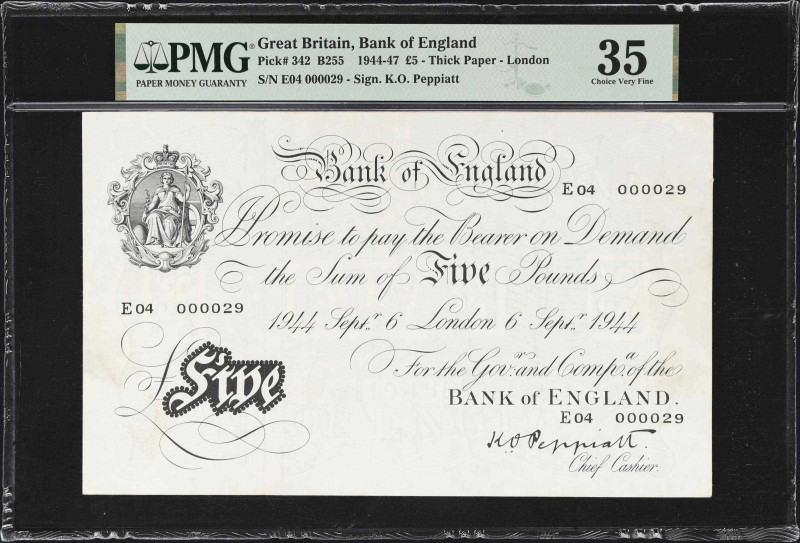 GREAT BRITAIN. Bank of England. 5 Pounds, 1944. P-342. B255. Low Serial Number. ...