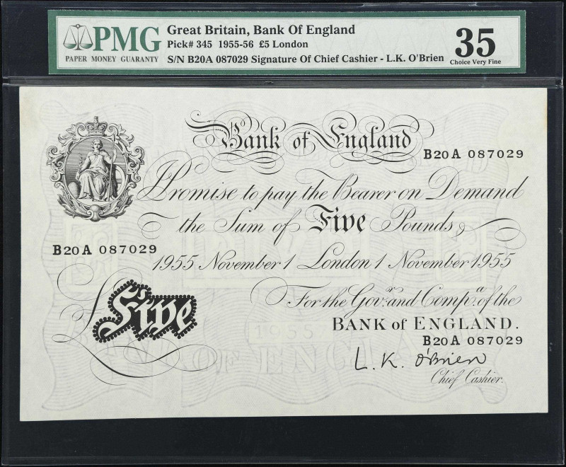 GREAT BRITAIN. Bank of England. 5 Pounds, 1955. P-345. PMG Choice Very Fine 35....