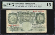 GREAT BRITAIN. Bank of England. 1 Pound, ND (1949-55). P-369b. B268. PMG Choice Fine 15.
Serial number E89C 666666.

Estimate: $100.00- $200.00