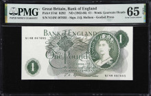 GREAT BRITAIN. Bank of England. 1 Pound, ND (1962-66). P-374f*. B308. Replacement. PMG Gem Uncirculated 65 EPQ.
A very rare replacement with a N14M p...
