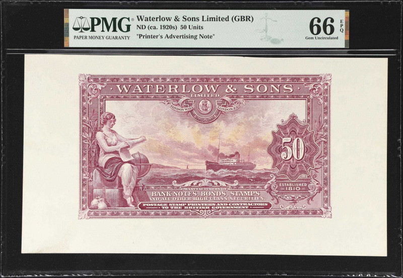 GREAT BRITAIN. Waterlow & Sons Limited. 50 Units, ND (ca. 1920s). P-Unlisted. Pr...