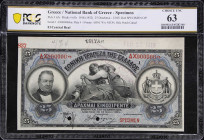 GREECE. National Bank of Greece. 25 Drachmai, 1918-19. P-65s. Specimen. PCGS Banknote Choice Uncirculated 63.
ABNC specimen with red specimen overpri...