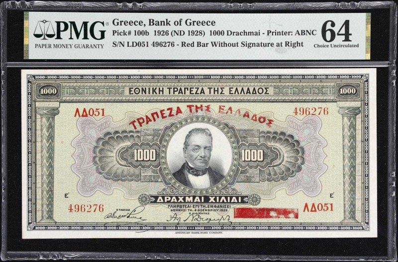 GREECE. Lot of (2). Bank of Greece. 1000 Drachmai, 1926 (ND 1928). P-100b. Conse...