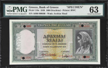 GREECE. Bank of Greece. 1000 Drachmai, 1939. P-110s. Specimen. PMG Choice Uncirculated 63.
Perforated cancellation on this specimen example printed b...