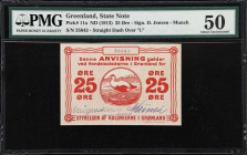 GREENLAND. Styrelsen af Kolonierne i Gronland. 25 Ore, ND (1913). P-11a. PMG About Uncirculated 50.
Jensen-Munich signature combination. Straight das...
