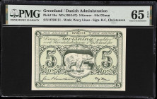 GREENLAND. Kongelige Gronlandske Handel. 5 Kroner, ND (1953-67). P-18a. PMG Gem Uncirculated 65 EPQ.
84x125mm variation with wavy lines watermark, a ...