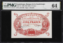 GUADELOUPE. Lot of (2). Banque de la Guadeloupe. 5 Francs, 1901 (ND 1942-45). P-7e & 21b. PMG Extremely Fine 40 EPQ & Choice Uncirculated 64.
PMG Com...