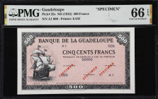 GUADELOUPE. Banque de la Guadeloupe. 500 Francs, ND (1942). P-25s. Specimen. PMG Gem Uncirculated 66 EPQ.
EAW printed specimen with pink underprint o...