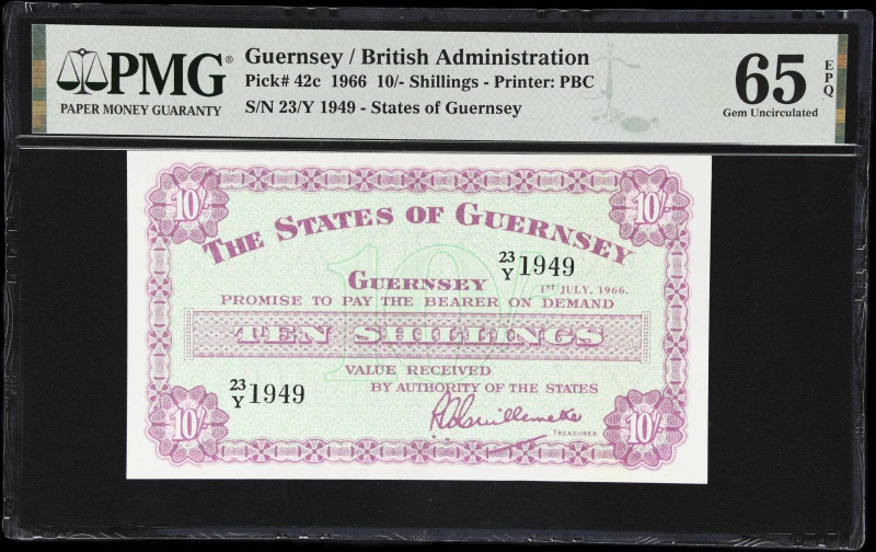 GUERNSEY. Treasurer of The States of Guernsey. 10 Shillings, 1966. P-42c. PMG Ge...