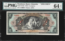 HONDURAS. Banco Atlantida. 2 Lempiras, 1932. P-S122as. Specimen. PMG Choice Uncirculated 64 EPQ.

Estimate: $100.00- $200.00