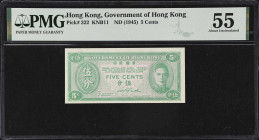 HONG KONG (SAR). Lot of (2). Government of Hong Kong. 1 & 5 Cents, ND (1945). P-321 & 322. KNB10 & KNB11. PMG About Uncirculated 55 to Gem Uncirculate...