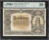 HUNGARY. Ministry of Finance. 1000 Korona, 1920. P-66a. PMG Choice About Uncirculated 58 EPQ.
Beautiful ornate border designs, St. Stephen at right o...