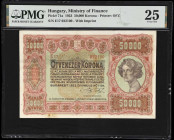 HUNGARY. Penzugyminiszterium. 50,000 Korona, 1923. P-71a. PMG Very Fine 25.
Printed by OFZ. Intricate geometric border designs on both sides with gre...