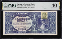 HUNGARY. Magyar Nemzeti Bank. 100,000 Pengo, 1945. P-120b. PMG Extremely Fine 40.
Deep blue ink with green and orange underprint, woman and stamp at ...