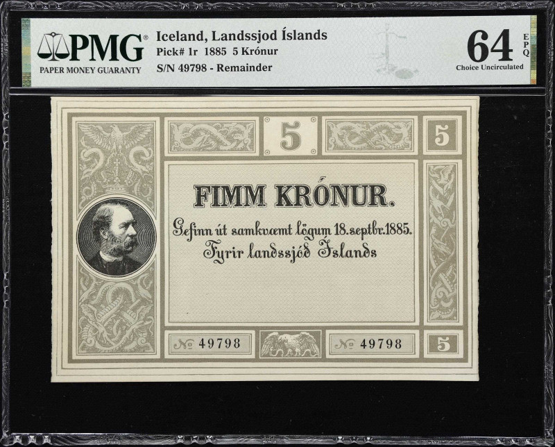 ICELAND. Landssjod Islands. 5 Kronur, 1885. P-1r. PMG Choice Uncirculated 64 EPQ...