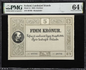 ICELAND. Landssjod Islands. 5 Kronur, 1885. P-1r. PMG Choice Uncirculated 64 EPQ.
Sole finest graded example displaying vignette of King Christian IX...