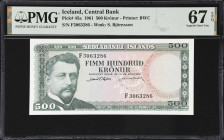 ICELAND. Lot of (2). Sedlabanki Islands. 500 Kronur, 1961. P-45a. Consecutive. PMG Superb Gem Uncirculated 67 EPQ.
Serial numbers F3063286-287.

Es...