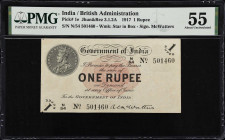 INDIA. Government of India. 1 Rupee, 1917. P-1e. Jhun&Rez 3.1.2A. PMG About Uncirculated 55.
McWatters signature. Star in box watermark. King George ...